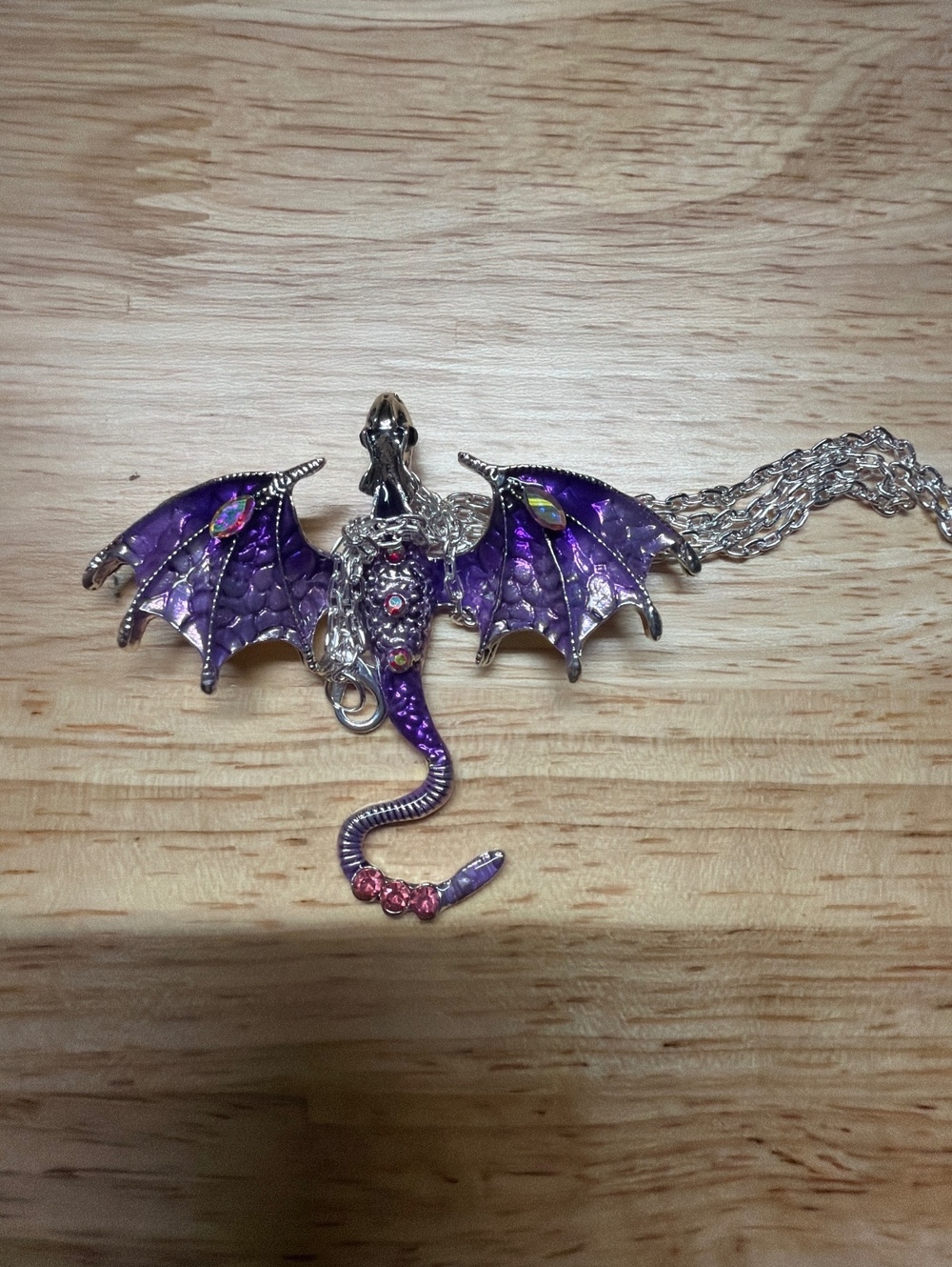 Purple Dragon Pendant Necklace with Silver Chain
